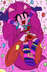 Size: 1336x2048 | Tagged: safe, artist:tenebrousmelancholy, pinkie pie, earth pony, anthro, unguligrade anthro, g4, accessory, balloon, blushing, clothes, compression shorts, confetti, digital art, female, pinkie being pinkie, shorts, simple background, solo, stockings, thigh highs