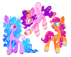 Size: 3236x2605 | Tagged: safe, artist:webkinzworldz, izzy moonbow, pipp petals, sunny starscout, classical unicorn, earth pony, pegasus, pony, unicorn, g5, my little pony: a new generation, :d, adorapipp, big eyes, blue eyes, bracelet, chest fluff, chibi, clothes, cloven hooves, coat markings, colored eartips, colored eyelashes, colored hooves, colored horn, colored wings, crown, curly mane, cute, ear fluff, ear piercing, earring, eyelashes, eyeshadow, facial markings, female, flying, freckles, golden eyes, high res, hoof polish, horn, horn jewelry, jewelry, leonine tail, looking at each other, looking at someone, magenta eyes, makeup, mare, multicolored wings, open mouth, open smile, orange eyes, piercing, raised hoof, regalia, simple background, smiling, socks, sparkly eyes, standing, star (coat marking), stylized, trio, trio female, unshorn fetlocks, white background, wingding eyes, wings, yellow eyes