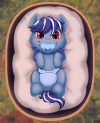 Size: 864x1057 | Tagged: safe, artist:binkyroom, oc, oc only, oc:evening mist, pegasus, pony, baby, baby pony, basket, commission, diaper, finished version, looking at you, pacifier, smiling, smiling at you, solo, ych result