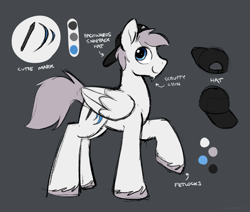 Size: 3069x2601 | Tagged: safe, artist:selenophile, oc, oc only, oc:seleno, pegasus, pony, backwards ballcap, baseball cap, cap, chin fluff, colored sketch, cutie mark, folded wings, gray background, hat, high res, male, raised hoof, reference sheet, simple background, smiling, solo, stallion, unshorn fetlocks, wings