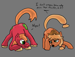 Size: 4000x3000 | Tagged: safe, artist:fumalunga, applejack, big macintosh, earth pony, pony, applejack's hat, both cutie marks, brother and sister, colored hooves, cowboy hat, dialogue, eyebrows, eyebrows visible through hair, face down ass up, female, gray background, hat, jacko challenge, male, mare, meme, raised tail, siblings, simple background, stallion, tail, unshorn fetlocks