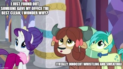 Size: 888x499 | Tagged: safe, edit, edited screencap, screencap, rarity, sandbar, yona, earth pony, pony, unicorn, yak, g4, she's all yak, bowtie, caption, clothes, crown, dress, female, image macro, imgflip, implied sex, jewelry, male, mare, open mouth, open smile, regalia, ship:yonabar, shipping, shipping fuel, smiling, straight, text, totally innocent, totally not lying, trio