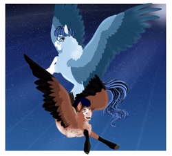 Size: 4096x3707 | Tagged: safe, artist:inisealga, oc, oc only, oc:mocha frost, oc:soaring spirit, pegasus, pony, chest fluff, duo, duo male and female, female, fluffy, flying, male, moon, neck fluff, night, night sky, pegasus oc, simple background, sky, three toned wings