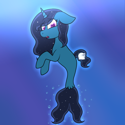 Size: 2000x2000 | Tagged: safe, artist:okimichan, oc, oc only, pony, seapony (g4), unicorn, bubble, crepuscular rays, dorsal fin, fish tail, flowing mane, flowing tail, high res, horn, open mouth, purple eyes, seaponified, solo, species swap, sunlight, swimming, tail, underwater