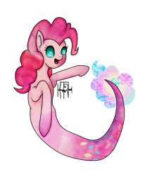 Size: 951x1156 | Tagged: safe, artist:kimmytheredhead, pinkie pie, earth pony, hybrid, merpony, pony, g4, blue eyes, female, fish tail, flowing tail, no pupils, open mouth, pink mane, seaponified, seapony pinkie pie, signature, simple background, smiling, solo, species swap, tail, transparent background
