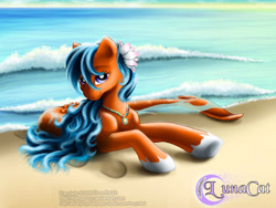 Size: 700x525 | Tagged: safe, artist:customlpvalley, artist:flyingpony, oc, oc only, merpony, seapony (g4), g1, beach, blue mane, female, fish tail, flower, flower in hair, flowing mane, logo, looking at you, lying down, ocean, purple eyes, sand, smiling, solo, sunlight, tail, water, wave