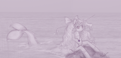 Size: 1465x702 | Tagged: safe, artist:january-joy, oc, oc only, merpony, pony, seapony (g4), unicorn, female, fish tail, flowing mane, flowing tail, horn, jewelry, lying down, monochrome, necklace, ocean, pearl necklace, ribbon, rock, seaponified, signature, solo, sparkles, species swap, tail, water