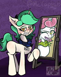 Size: 3000x3750 | Tagged: safe, artist:mrcapriccio, oc, oc only, oc:dolce spiaro, oc:mint pop, pony, unicorn, abstract background, alter ego, alternate design, alternate hairstyle, disguise, disgusted, female, high res, mare, mirror, neckerchief, reflection, solo