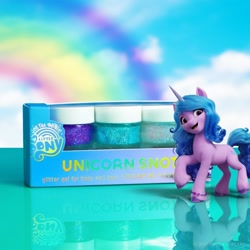Size: 1080x1080 | Tagged: safe, izzy moonbow, pony, unicorn, g5, official, cloud, female, mare, my little pony logo, rainbow, reflection, solo, text, unicorn snot