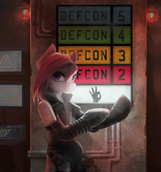 Size: 6175x6600 | Tagged: source needed, safe, artist:blvckmagic, oc, oc only, oc:claret, earth pony, pony, bipedal, clothes, defcon, future, jumpsuit, ok hand sign, pauldron, solo, technology