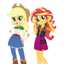 Size: 1024x1024 | Tagged: safe, applejack, sunset shimmer, equestria girls, equestria girls series, g4, double peace sign, female, grin, lesbian, new outfit, peace sign, ship:appleshimmer, shipping, smiling