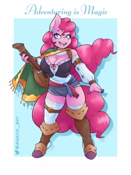 Size: 3072x4096 | Tagged: safe, artist:ambris, pinkie pie, earth pony, anthro, unguligrade anthro, adventuring is magic, g4, bard, bard pie, big breasts, boots, breasts, busty pinkie pie, cape, cleavage, clothes, colored pupils, dungeons and dragons, fantasy class, female, lute, multiple variants, musical instrument, open mouth, pen and paper rpg, raised leg, remake, rpg, shoes, smiling, solo, weapon