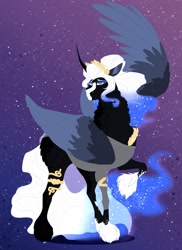 Size: 1633x2246 | Tagged: safe, artist:inisealga, princess luna, alicorn, pony, g4, blaze (coat marking), bracelet, clothes, coat markings, colored wings, curved horn, ethereal mane, ethereal tail, eyeshadow, facial markings, female, folded wings, gradient background, gradient mane, gradient tail, hair bun, horn, jewelry, laurel wreath, lidded eyes, makeup, mare, multicolored wings, neck fluff, purple background, raised hoof, redesign, shirt, simple background, socks (coat markings), sparkly mane, sparkly tail, standing, tail, turned head, unshorn fetlocks, white-haired luna, wings