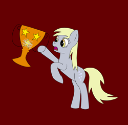 Size: 2280x2224 | Tagged: safe, artist:librarylonging, derpy hooves, pegasus, pony, g4, 4chan cup, bipedal, female, high res, open mouth, red background, simple background, solo, trophy, wingless