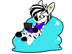 Size: 960x720 | Tagged: safe, artist:krispykakes, oc, oc only, oc:pixel, pony, zebra, beanbag chair, blushing, clothes, commission, ear piercing, earring, female, freckles, hoodie, jewelry, mare, piercing, playing video games, simple background, smiling, solo, transparent background, video game, zebra oc