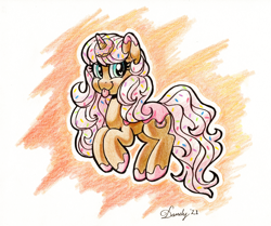 Size: 3164x2644 | Tagged: safe, artist:dandy, oc, oc only, oc:donut daydream, food pony, pony, unicorn, :p, colored pencil drawing, donut, female, food, heart, heart eyes, high res, looking at you, mare, ponified, signature, solo, tongue out, traditional art, wingding eyes