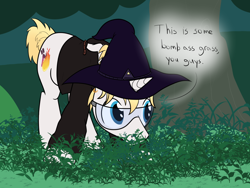 Size: 1000x750 | Tagged: safe, artist:mightyshockwave, oc, oc only, oc:comet fall, pony, unicorn, bomb ass tea, clothes, forest, glasses, goggles, grass, grazing, hat, herbivore, horses doing horse things, jungle, solo, witch hat