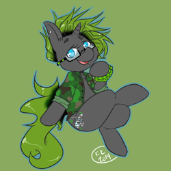 Size: 900x900 | Tagged: safe, artist:krispykakes, oc, oc only, pony, unicorn, 2014, clothes, commission, crossed legs, ear piercing, female, glasses, green background, jacket, lip piercing, looking at you, mare, open clothes, piercing, raised eyebrow, signature, simple background, solo, wristband