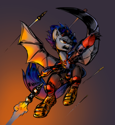 Size: 3617x3911 | Tagged: safe, artist:blazingstred, oc, oc only, oc:dusk blade, bat pony, semi-anthro, arm hooves, bat pony oc, combat, crossover, dodge, fight, goggles, high res, hoof claws, night vision goggles, rocket, solo, warhammer (game), warhammer 40k