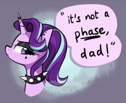 Size: 1200x979 | Tagged: safe, artist:aanotherpony, starlight glimmer, pony, unicorn, g4, collar, dialogue, edgelight glimmer, emo, goth, implied firelight, it's a phase, it's not a phase, makeup, solo, spiked collar, teenage glimmer, teenager