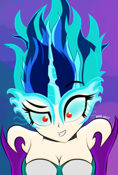 Size: 1483x2200 | Tagged: safe, artist:manuerusabee, dj pon-3, vinyl scratch, equestria girls, g4, female, glowing eyes, grin, horn, midnight-ified, simple background, smiling, solo