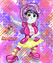 Size: 2550x3000 | Tagged: safe, artist:kamikiku, sweetie belle, equestria girls, g4, my little pony equestria girls: better together, abstract background, boots, breasts, busty sweetie belle, cleavage, clothes, female, high heel boots, high res, jacket, shoes, skirt, solo, watermark