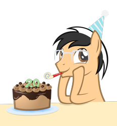 Size: 2780x3000 | Tagged: safe, artist:strategypony, oc, oc only, oc:lancer, earth pony, pony, birthday, birthday cake, cake, food, glasses, hat, high res, male, party hat, party whistle, plate, simple background, solo, stallion, table, transparent background, two toned mane