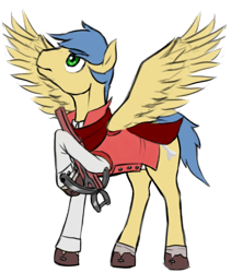 Size: 800x900 | Tagged: safe, artist:multiverseequine, derpibooru exclusive, oc, oc only, oc:skylight, pegasus, pony, bottomless, cape, clothes, colored, crossbow, daybreak island, full body, looking up, male, partial nudity, pegasus oc, shirt, shoes, simple background, solo, spread wings, stallion, tail, transparent background, weapon, wings