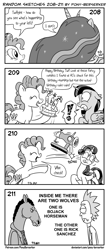 Size: 1320x3035 | Tagged: safe, artist:pony-berserker, pinkie pie, rarity, twilight sparkle, alicorn, earth pony, pony, unicorn, pony-berserker's twitter sketches, g4, the last problem, birthday, birthday cake, bojack horseman, bonk, cake, crossover, dialogue, dynamite, explosives, eyes closed, female, food, halftone, happy, mare, monochrome, naive, older, older twilight, older twilight sparkle (alicorn), open mouth, open smile, princess twilight 2.0, rick and morty, sewing machine, simple background, smiling, speech bubble, terrified, this will end in death, this will end in explosions, this will end in pain, this will end in tears, this will end in tears and/or death, this will end in the hospital, this will end with a bang, this will not end well, throwing, tnt, tongue out, twilight sparkle (alicorn), vibe check, white background