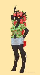 Size: 600x1125 | Tagged: safe, artist:carnifex, oc, oc only, oc:titania, changeling, anthro, unguligrade anthro, big breasts, breasts, busty changeling, busty oc, changeling loves watermelon, changeling oc, clothes, commission, denim shorts, female, flower, flower in hair, red changeling, shorts, simple background, solo, yellow background