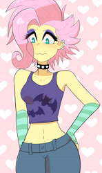 Size: 2565x4342 | Tagged: safe, artist:lyonzyon, fluttershy, equestria girls, g4, my little pony equestria girls: choose your own ending, the road less scheduled, the road less scheduled: fluttershy, bare shoulders, belly button, blushing, choker, chokershy, clothes, ear piercing, earring, eyeshadow, female, fingerless gloves, flutterpunk, gloves, jewelry, looking at you, makeup, metalshy, piercing, sleeveless, solo, spiked choker, striped gloves, tank top