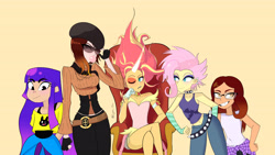 Size: 5010x2832 | Tagged: safe, artist:lyonzyon, fluttershy, sunset shimmer, equestria girls, g4, my little pony equestria girls: choose your own ending, the road less scheduled, the road less scheduled: fluttershy, alya césaire, bare shoulders, beanie, belly button, blushing, bubblegum, choker, clothes, coco adel, commission, crossover, daydream shimmer, ear piercing, earring, eye clipping through hair, eyebrows, eyebrows visible through hair, eyeshadow, female, fingerless gloves, flutterpunk, food, glitch techs, gloves, gum, hat, high res, jewelry, looking at you, makeup, miko kubota, miraculous ladybug, one eye closed, open mouth, piercing, rwby, simple background, sleeveless, spiked choker, striped gloves, sunglasses, tank top, wall of tags, yellow background