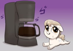 Size: 2892x1996 | Tagged: safe, artist:heretichesh, oc, oc only, oc:sugarcube, earth pony, pony, coffee, coffee machine, coffee pot, cute, female, filly, gradient background, imminent disaster, japanese, jojo's bizarre adventure, lying down, menacing, ocbetes, prone, solo, sploot, sweat, sweatdrops, this will end in tears, underhoof, ゴ ゴ ゴ