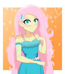 Size: 3222x3666 | Tagged: safe, artist:lyonzyon, fluttershy, equestria girls, g4, abstract background, bare shoulders, blushing, cute, daaaaaaaaaaaw, high res, looking at you, shyabetes, solo