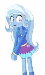 Size: 2116x3521 | Tagged: safe, artist:lyonzyon, trixie, equestria girls, g4, :3, clothes, cute, diatrixes, ears, eyebrows, eyebrows visible through hair, hairpin, high res, hoodie, open mouth, open smile, simple background, skirt, smiling, solo, white background