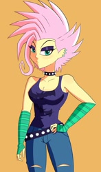 Size: 603x1024 | Tagged: safe, artist:lyonzyon, fluttershy, equestria girls, g4, my little pony equestria girls: choose your own ending, the road less scheduled, the road less scheduled: fluttershy, alternate hairstyle, bare shoulders, blushing, breasts, busty fluttershy, choker, chokershy, clothes, ear piercing, earring, eyeshadow, female, fingerless gloves, flutterpunk, gloves, jewelry, looking at you, makeup, metalshy, orange background, piercing, simple background, sleeveless, solo, spiked choker, striped gloves, tank top