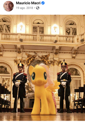 Size: 1080x1550 | Tagged: safe, fluttershy, human, pegasus, pony, g4, argentina, facebook, forced perspective, guard, irl, irl human, mauricio macri, photo, president, this is real, toy