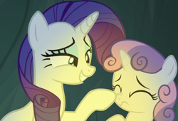 Size: 1356x922 | Tagged: safe, screencap, rarity, sweetie belle, pony, unicorn, campfire tales, g4, boop, cropped, cute, diasweetes, eyes closed, female, filly, mare, noseboop, siblings, sisters