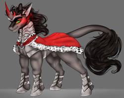 Size: 1280x1015 | Tagged: safe, artist:copshop, king sombra, pony, unicorn, g4, colored sclera, concave belly, curved horn, gray background, hoof shoes, horn, male, muscles, nudity, sheath, sheathed, signature, simple background, smiling, smirk, solo, stallion