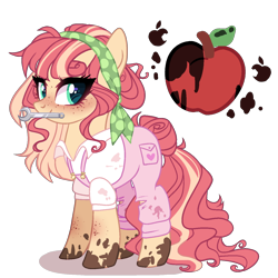 Size: 1400x1400 | Tagged: safe, artist:gihhbloonde, oc, oc only, earth pony, pony, clothes, female, magical lesbian spawn, mare, mouth hold, offspring, overalls, parent:applejack, parent:torque wrench, parents:apple wrench, shirt, solo, wrench