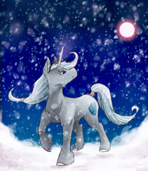 Size: 1536x1781 | Tagged: safe, artist:artfestation, pony, unicorn, glowing horn, horn, leonine tail, looking back, looking up, male, outdoors, simple background, snow, stallion