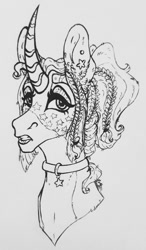 Size: 632x1080 | Tagged: safe, artist:skior, oc, oc only, oc:neon lure, pony, unicorn, bust, female, mare, monochrome, portrait, solo