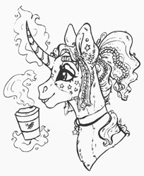 Size: 881x1080 | Tagged: safe, artist:skior, oc, oc only, oc:neon lure, pony, unicorn, bust, coffee cup, cup, female, magic, mare, monochrome, portrait, solo