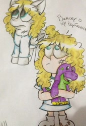 Size: 656x960 | Tagged: safe, artist:milledpurple, oc, dinosaur, human, pegasus, pony, barney the dinosaur, clothes, frown, humanized, looking up, pegasus oc, plushie, traditional art, two toned wings, wings