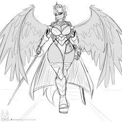 Size: 2000x2000 | Tagged: safe, artist:thedrunkcoyote, oc, oc only, oc:queen aurora, alicorn, anthro, alicorn oc, armor, breasts, commission, digital art, female, high res, horn, looking at you, monochrome, simple background, solo, spread wings, tail, thighs, white background, wide hips, wings