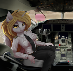 Size: 4100x3984 | Tagged: safe, artist:lightly-san, oc, oc only, oc:star nai, alicorn, anthro, airport, alicorn oc, alternate versions at source, boeing, boeing 787, clothes, cockpit, female, horn, hud, looking at you, mare, pilot, plane, uniform, wings