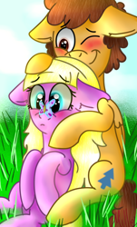 Size: 416x690 | Tagged: safe, artist:milledpurple, butterfly, earth pony, pegasus, pony, blushing, dipcifica, dipper pines, female, gravity falls, male, mare, non-mlp shipping, outdoors, pacifica northwest, ponified, shipping, straight, wings