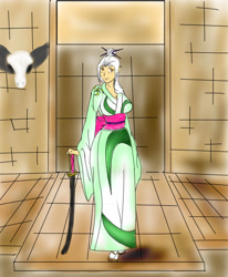 Size: 1400x1700 | Tagged: safe, artist:foxgearstudios, oc, oc only, human, clothes, female, humanized, indoors, kimono (clothing), solo