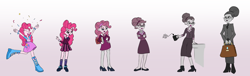 Size: 2752x832 | Tagged: safe, artist:cyanoray, pinkie pie, equestria girls, g4, age progression, alternate hairstyle, bored, clothes, crystal prep academy uniform, cutie mark, cutie mark on clothes, discorded, female, mental shift, personality swap, pinkamena diane pie, school uniform, smiling, story included, suit, suitcase, transformation, transformation sequence