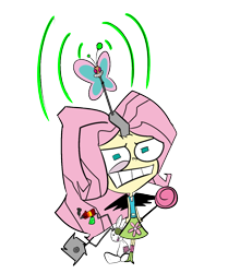 Size: 1010x1209 | Tagged: safe, artist:cyanoray, angel bunny, fluttershy, rabbit, equestria girls, g4, animal, antennae, female, gritted teeth, invader zim, mind control, simple background, solo, transparent background